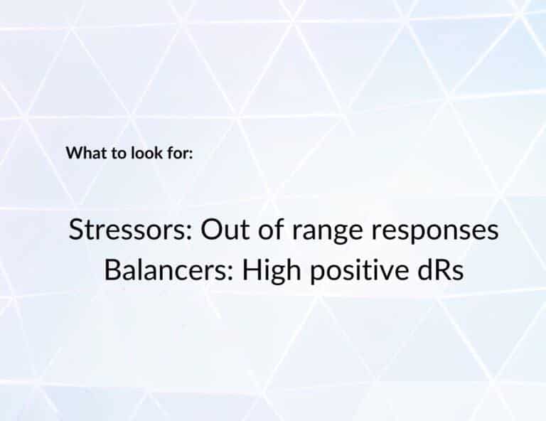 description what to look for with stressors and balancers on blue triangle background