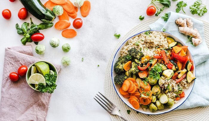 vegetarian meal with carrots and brussels sprouts and other vegetables