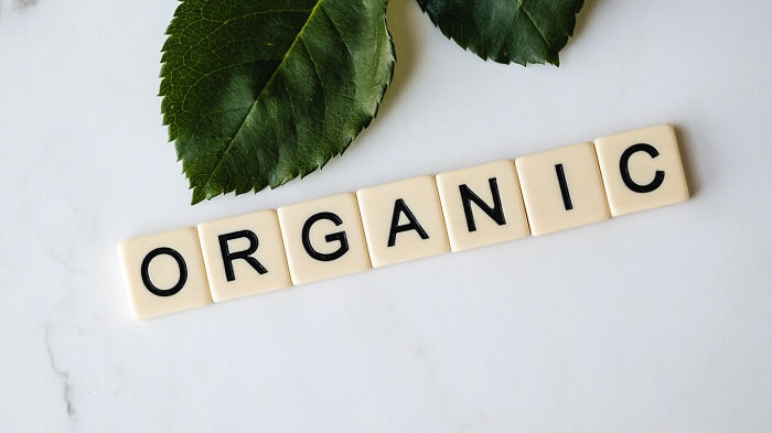 organic spelled out with tiles next to leaves