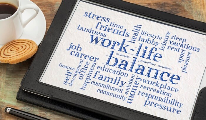 work life balance word cloud on tablet
