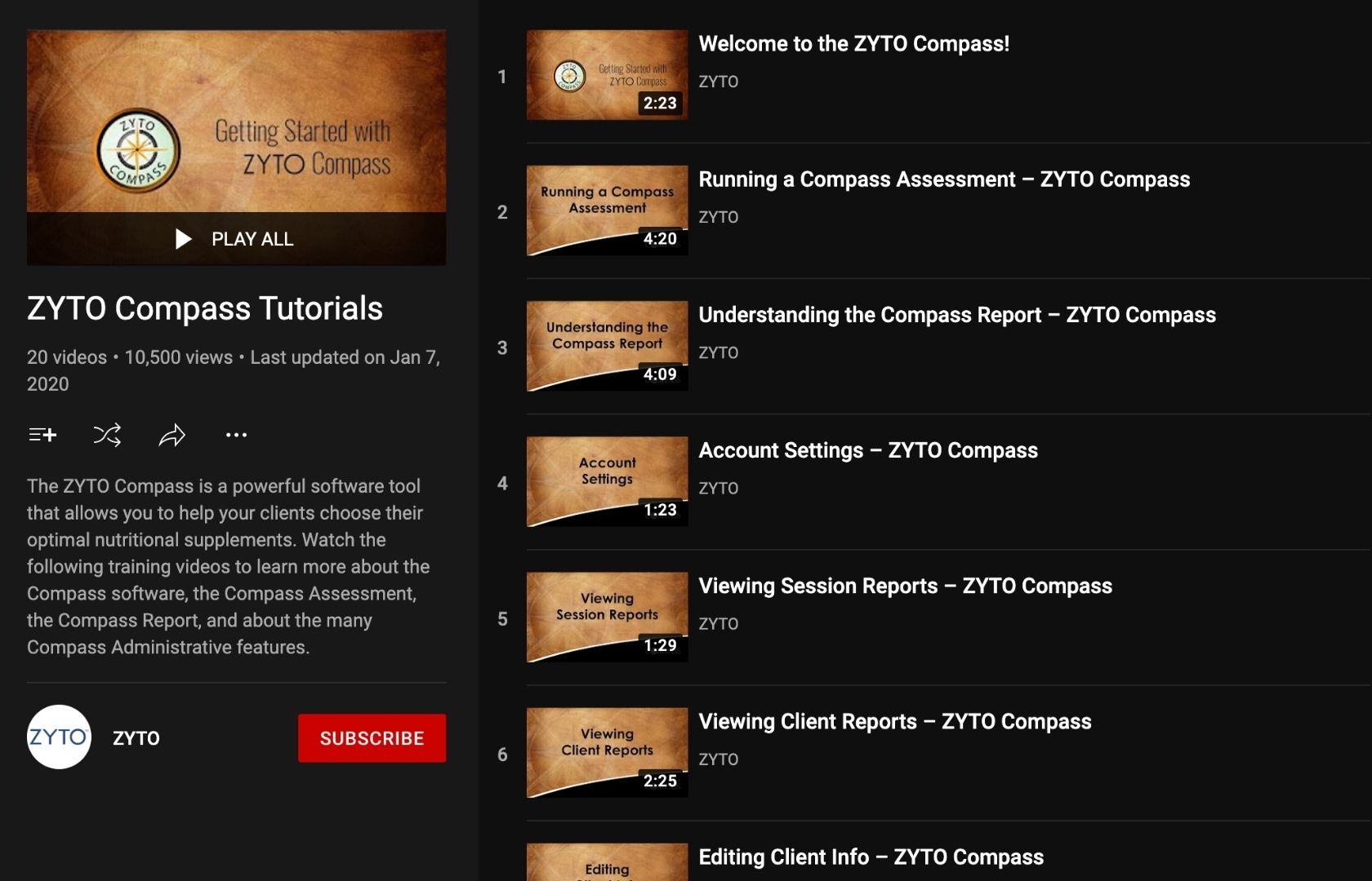 screenshot of youtube playlist - zyto compass video tutorials
