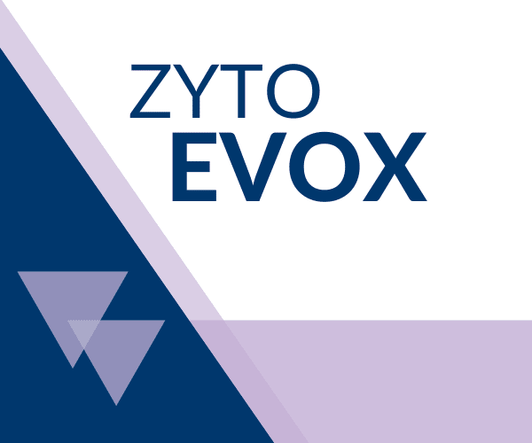 EVOX product image with purple and blue triangles