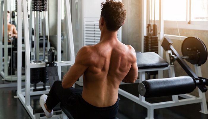 muscular man doing seating rowing exercise