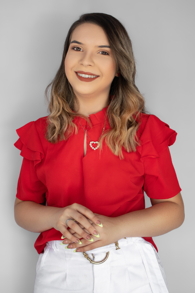 young woman wearing red blouse