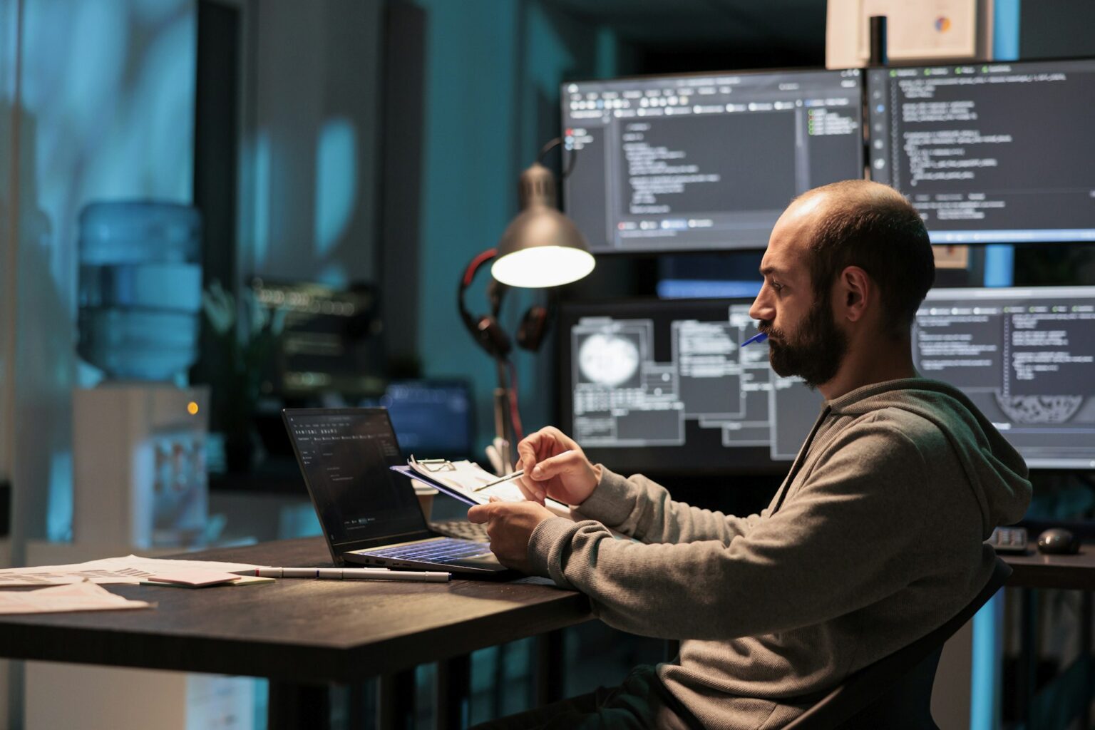 App programmer comparing data on papers
